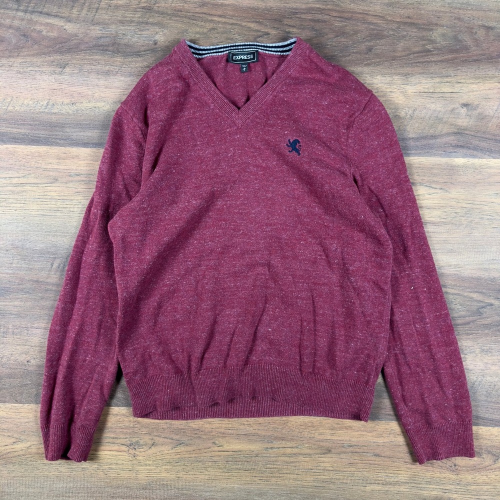 Y2K Express Mens V-Neck Sweater Burgundy Marl Heathered Lion Logo Size Medium